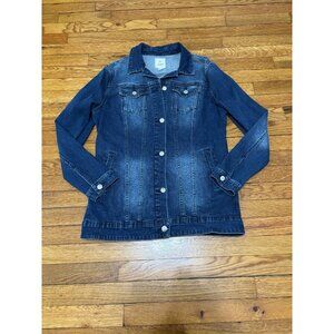 LuLaRoe Womens Denim Jean Jacket Size Large Blue Dark Stretch Floral Embroidered